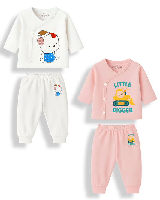 Pack of 2 – Soft Cotton Baby Jhabla & Pyjama Set | Adorable Prints